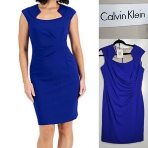 NEW 12P CALVIN KLEIN STATEMENT BLUE CURVE CINCH SHEATH SHIFT DRESS 12 PETITE NWT